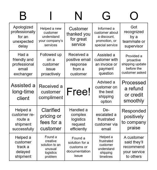 Customer Service Bingo Card