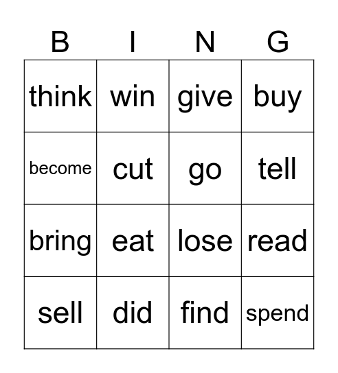 Irregular verbs Bingo Card