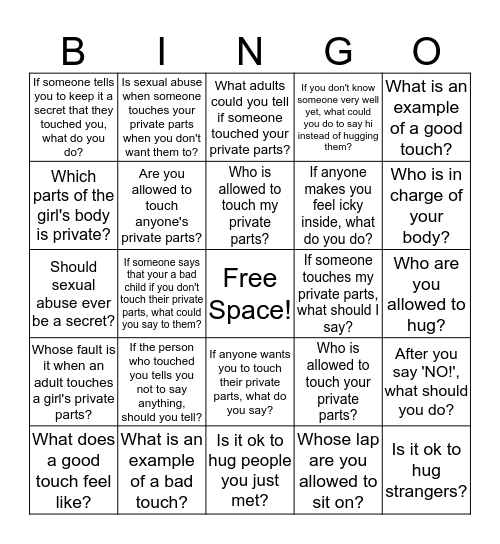 Good Touch, Bad Touch Bingo Card