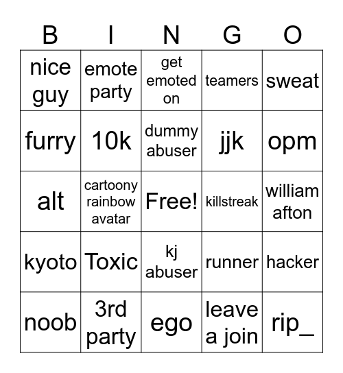 TSB Bingo Card