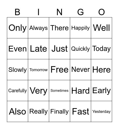 Adverbs Bingo Card