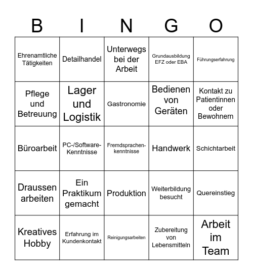 Lebenslauf-Bingo Card