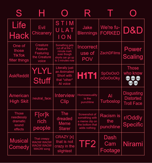 Shorts-go! Bingo Card