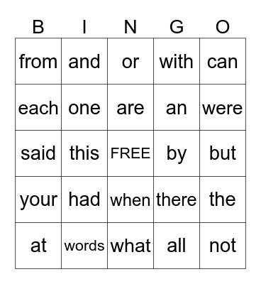 Sight Words 21-25 Bingo Card