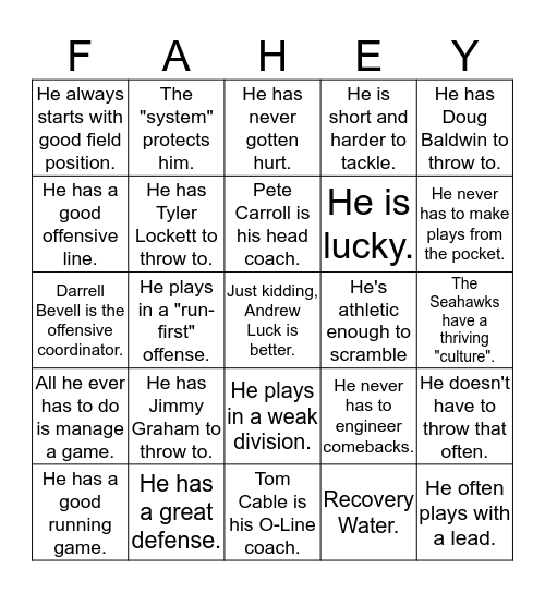 Russell Wilson is only "good" at QB because... Bingo Card