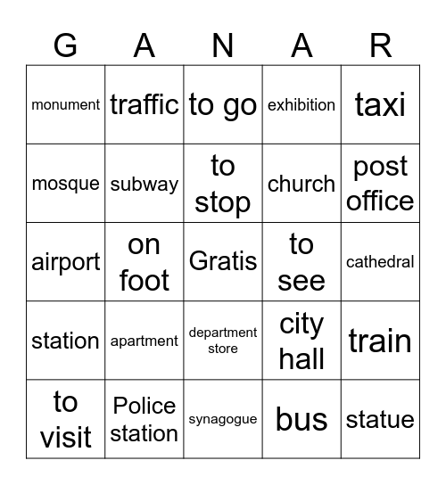 SPA 2:  Vamos a la Ciudad Vocabulario (SPA-->ENG) Bingo Card
