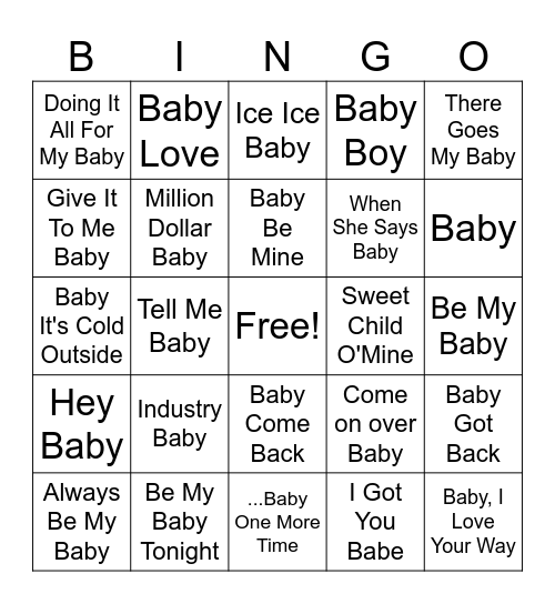 Baby Song Bingo Card