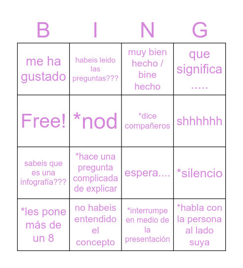 BINGO DE LO QUE VA HA DECIR EL PROFE Bingo Card