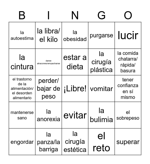 IB- La alimentación/La Belleza Bingo Card