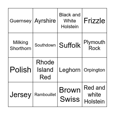 Farm Animal Breeds Bingo Card