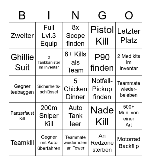 PUBG 12h Bingo Card