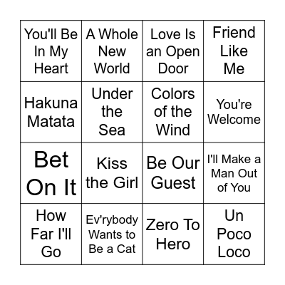 Music Bingo at the Movies The Disney Round Bingo Card