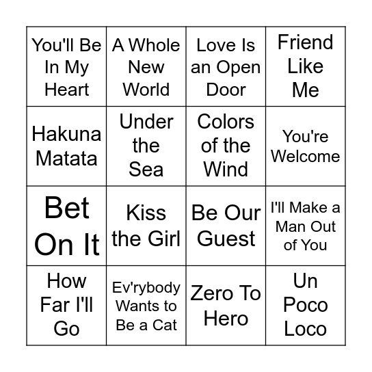 Music Bingo at the Movies The Disney Round Bingo Card