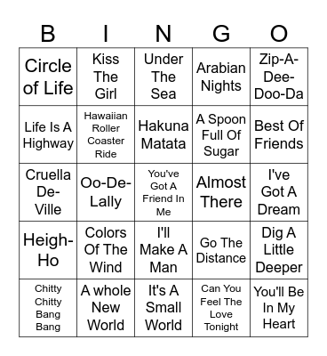Disney/Pixar Songs Bingo Card