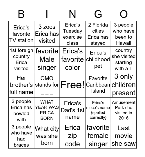 ERICA Bingo Card