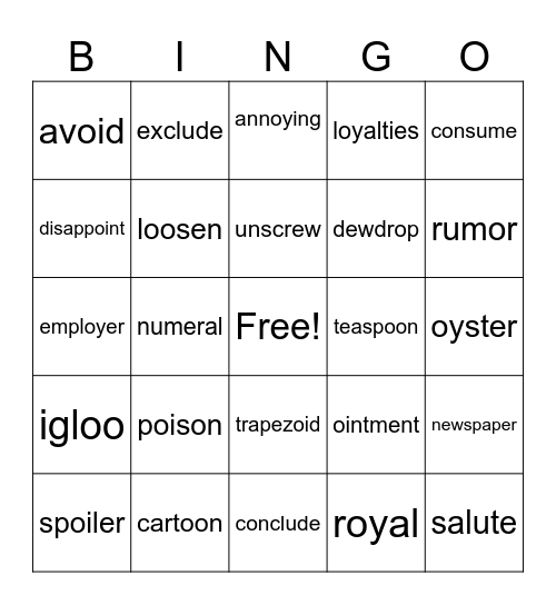 HD WORD Unit 15/16 Bingo Card