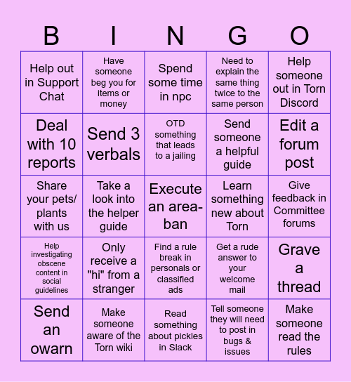 Helper Bingo Card