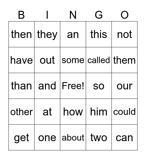 Sight Words Bingo Card