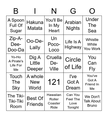 Disney/Pixar Songs Bingo Card