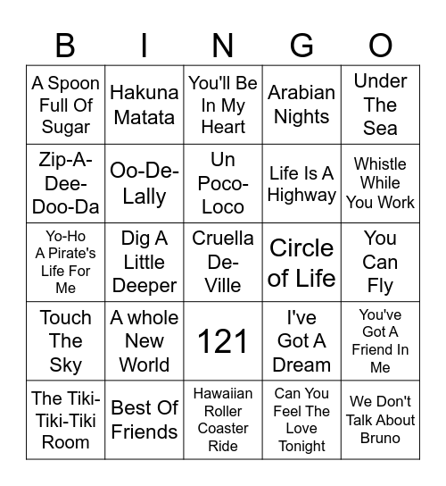 Disney/Pixar Songs Bingo Card