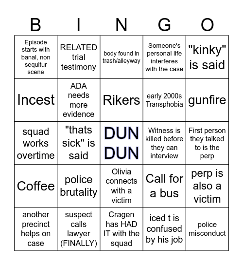 Law and Order SVU Bingo Card