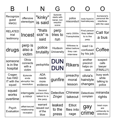 Law and Order SVU Bingo Card
