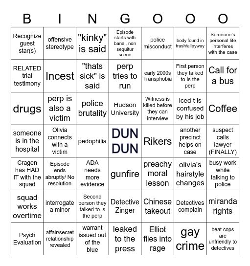 Law and Order SVU Bingo Card