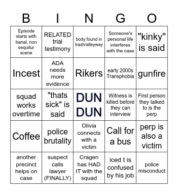 Law and Order SVU Bingo Card