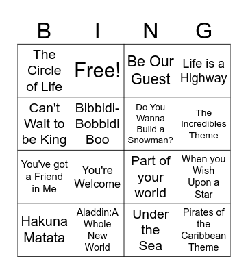 Disney Music Bingo Card