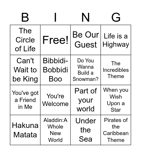 Disney Music Bingo Card