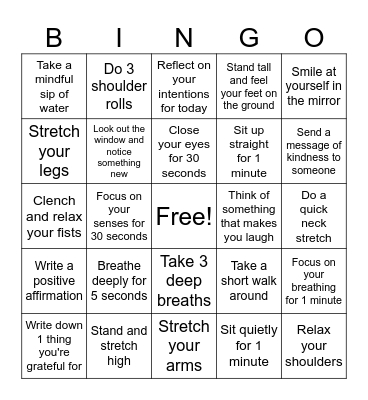 Burnout Buster Mindfulness Bingo Card
