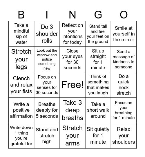 Burnout Buster Mindfulness Bingo Card