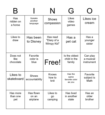Classmate Bingo Card