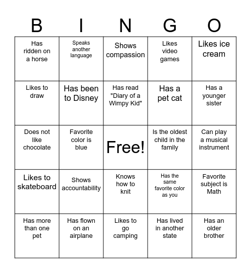 Classmate Bingo Card