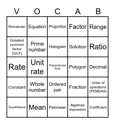6th Grade Math Vocabulary Bingo Card
