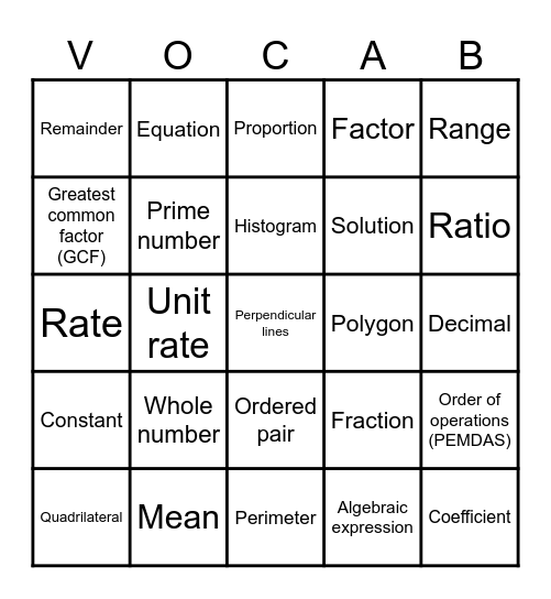 6th Grade Math Vocabulary Bingo Card
