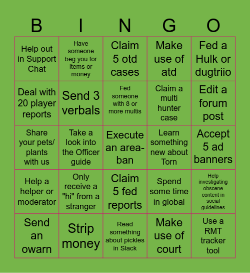 Officer Bingo Card