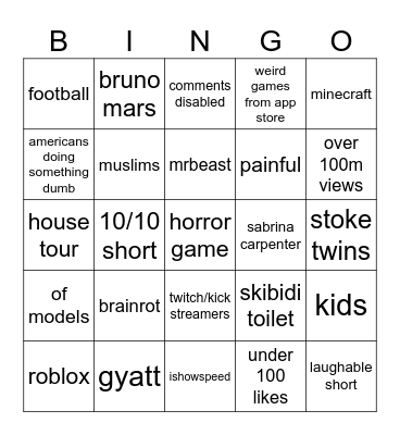 for youtube shorts Bingo Card