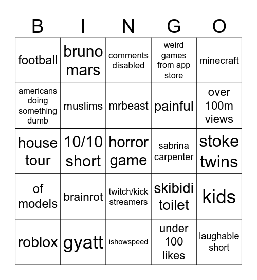 for youtube shorts Bingo Card
