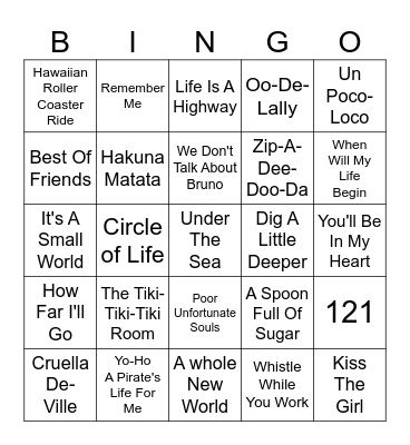 Disney/Pixar Songs Bingo Card