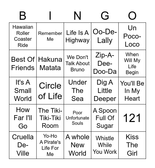 Disney/Pixar Songs Bingo Card