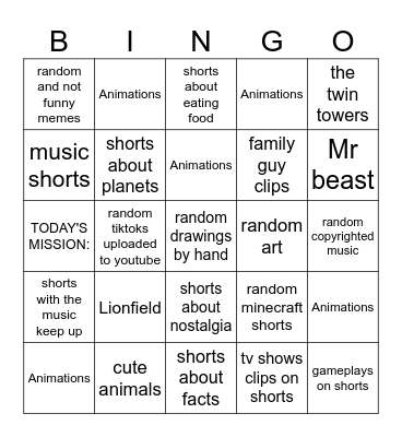 The youtube shorts bingo Card
