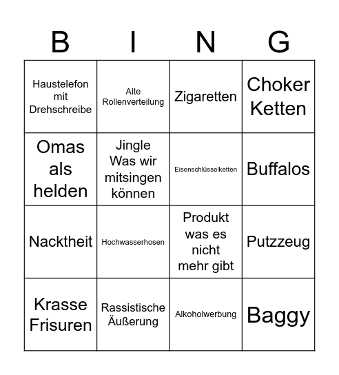 Werbung 90er Bingo Card