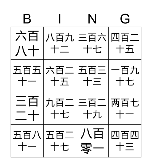 101-1000 Chinese (900 character) Bingo Card