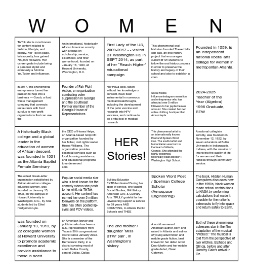 Women's History Month Bingo Card