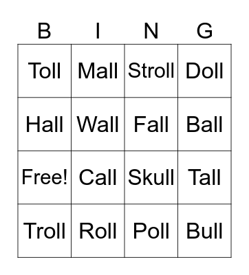 -all, -ull, -oll Bingo Card
