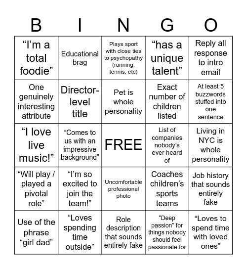 New Employee Welcome Email Bingo Card