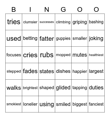 Suffix Spelling Changes-ed, ing,s, es, ies, er, est) Bingo Card