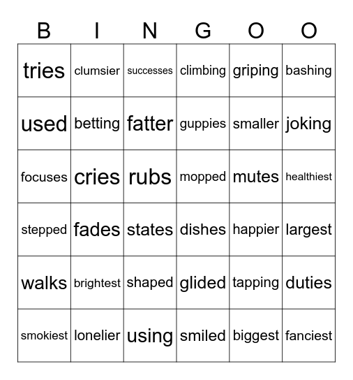 Suffix Spelling Changes-ed, ing,s, es, ies, er, est) Bingo Card