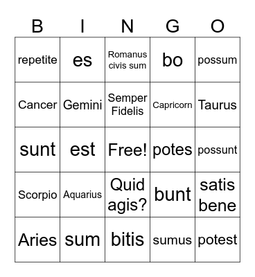 Latin Review Lessons 15-20 Bingo Card